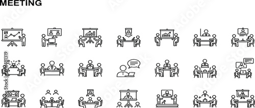 Collection of simple line icons representing various meeting scenarios and business discussions in a professional setting