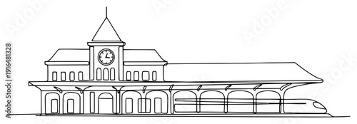 Traditional railway station with clock tower and modern high speed train in line art
