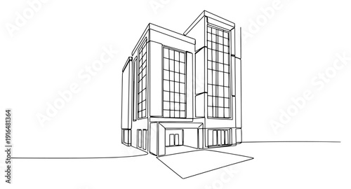 Modern corporate office building with glass facade in clean minimalist line art style