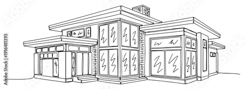 Modern architectural line drawing of a contemporary luxury villa with large glass windows and flat roofs