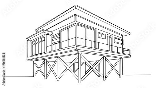 Modern architectural line drawing of a house on stilts with glass walls and balcony