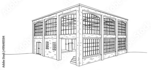 Continuous line drawing of an industrial warehouse building with large arched windows