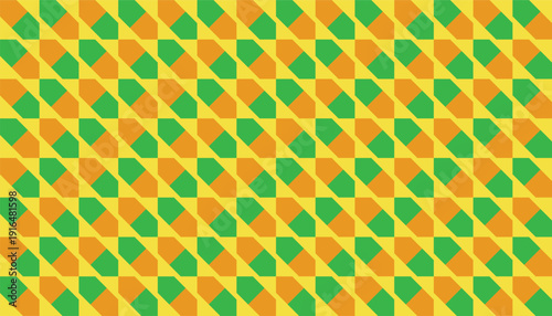 Seamless geometric pattern featuring an interlocking offset mosaic in yellow, green, and orange. Abstract vector background with a high-density, rhythmic structural grid