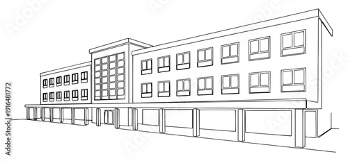 Perspective architectural line drawing of a modern long office building or school campus