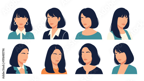 Series of eight female portraits showing women with short dark hair in different outfits and professional styles as avatars.