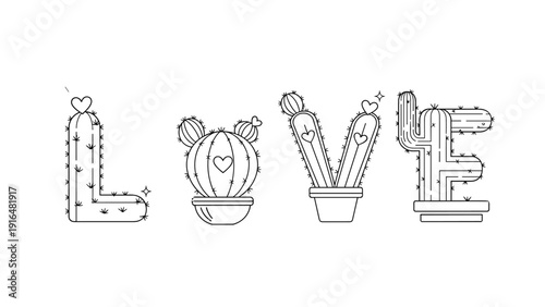 Creative typography with the word love spelled out using stylized cactus plants in pots decorated with small hearts.