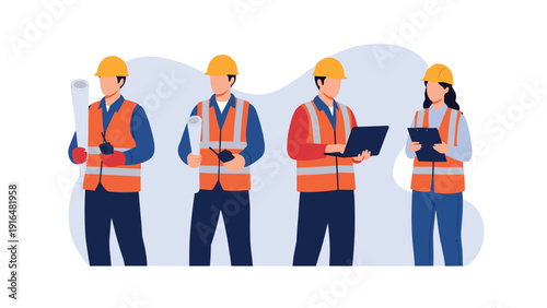 Construction workers and engineers team in safety vests and helmets carry blueprints and use a laptop on a busy building site.