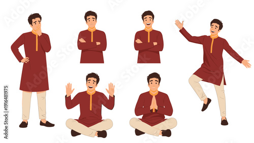 Indian man in a traditional maroon kurta outfit shows different emotions and poses like meditating or dancing with great joy.