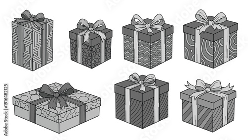 Various gift boxes wrapped in grey paper with different artistic patterns and bows for holiday celebrations and events.