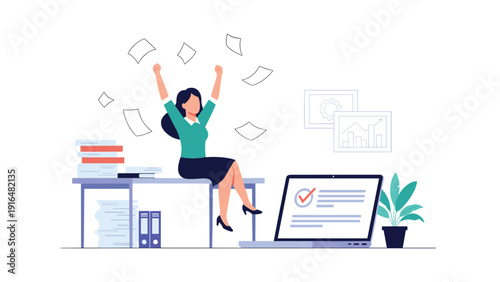 Excited business woman throwing papers in the air while sitting on an office desk to celebrate success and task completion.