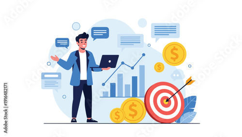 Young business professional man using a laptop with money icons and a target background representing his financial goals.