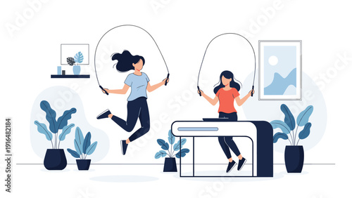 Two young women jumping rope at home during their fitness workout in a modern living room filled with healthy house plants.