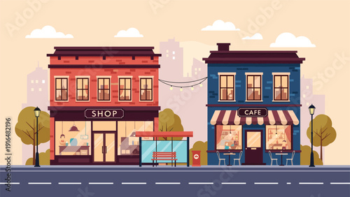 Charming city street scene features a cafe and a shop in historic brick buildings with a bus stop and urban background.
