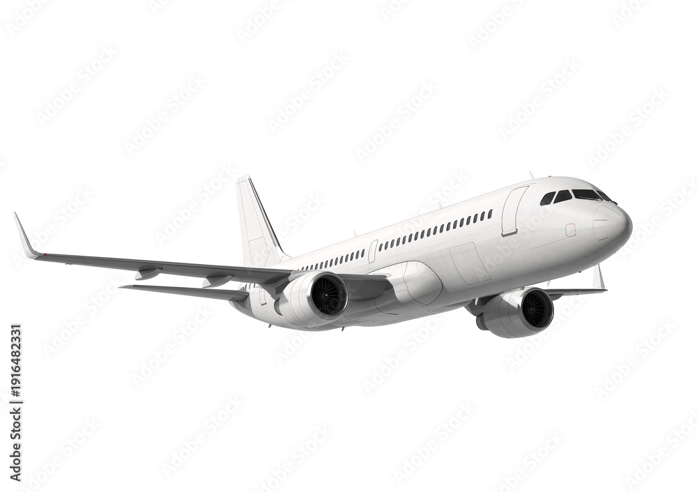 Fototapeta premium Modern Commercial Airliner Jet Airplane Flying Isolated on White Background, Aviation Travel Concept
