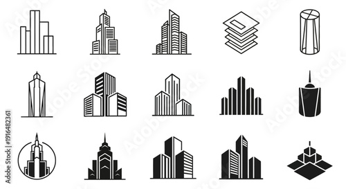 A collection of various black and white building and skyscraper icons, featuring different architectural styles from outlines to solid silhouettes, representing urban development and cityscapes.