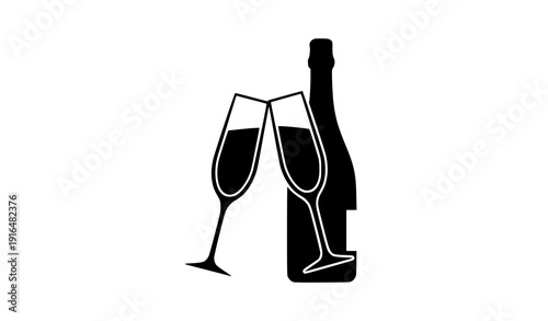 Minimalist Champagne Bottle and Two Glasses Silhouette Vector Isolated on White Background Celebration Concept