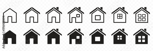 Home icon set for apps and websites. House symbol for UI navigation  outline and filled styles on transparent background