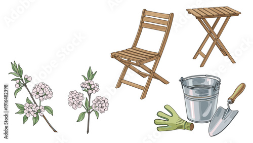 Charming garden set features a wooden folding chair and table alongside essential tools like a metal bucket and a hand trowel.