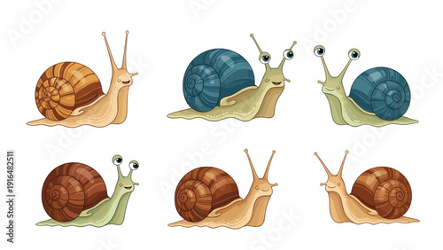 Set of cute garden snails with different colored spiraled shells and expressive eyes moving across a white background surface.