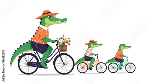 Fun illustration of a crocodile family with mother and two children happily riding their bicycles in a line on a plain background.
