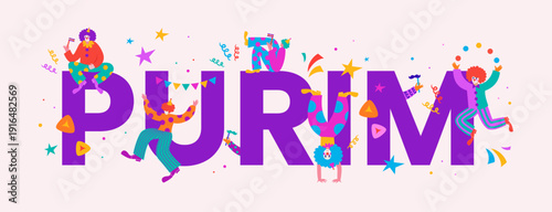 Happy Purim banner, poster with funny clowns in vibrant modern style.