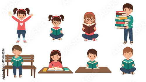 Group of children in various poses reading and holding books showing enthusiasm for learning and education on a white background.