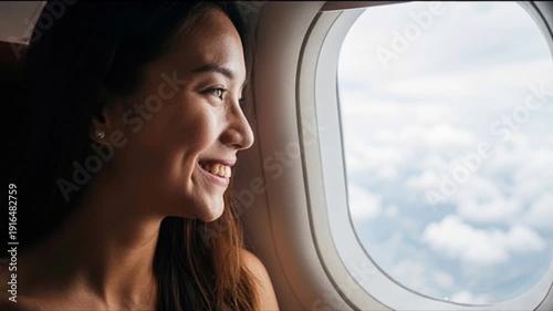Asian woman gazes out of airplane window, observing clouds and sky, with soft natural light illuminating her face and highlighting her joyful expression during flight