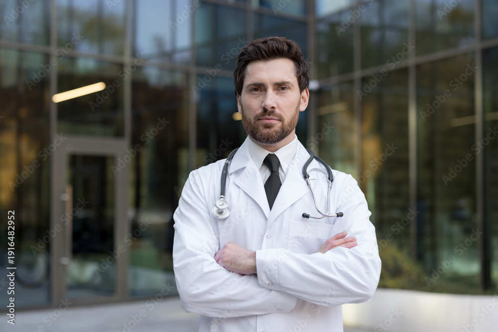 Fototapeta premium Young adult male doctor wearing a white lab coat and stethoscope with arms crossed, standing confidently in front of a modern hospital or clinic building