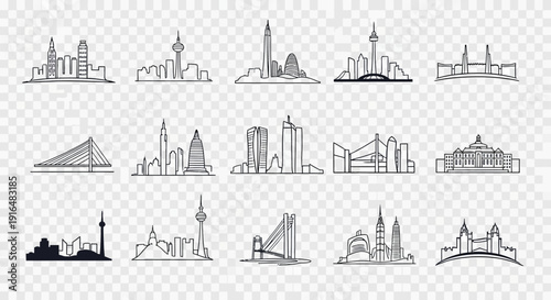 Collection of minimalist line art and silhouette city skylines and famous landmarks on a transparent background.