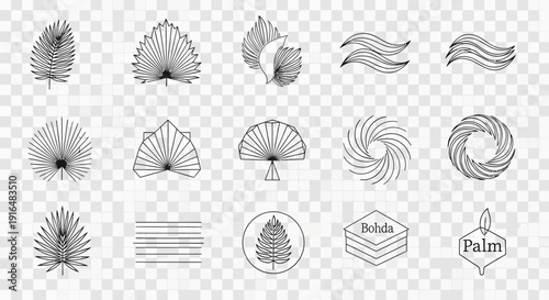 A collection of black and white line art icons featuring various palm leaf designs, abstract wavy patterns, and simple geometric shapes, suitable for graphic design resources.