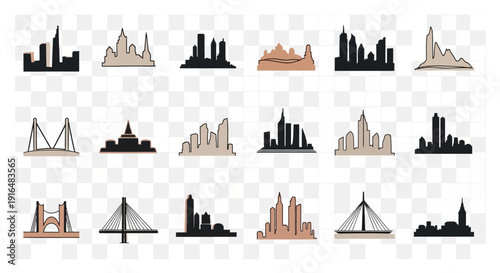 A collection of diverse city skyline silhouettes and famous architectural landmarks in various styles.