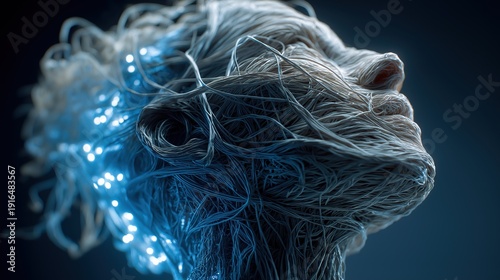 A surreal conceptual 3D sculpture of a human head formed from intricate, intertwined fiber optic cables with glowing blue light, representing artificial intelligence, neural networks.