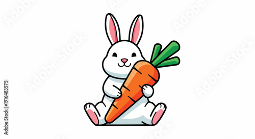 A cute cartoon rabbit holding a large carrot in a sitting position on a plain white background with a playful mood.