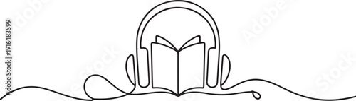  Headphones icon continuous with book. one line Art icon drawing vector
