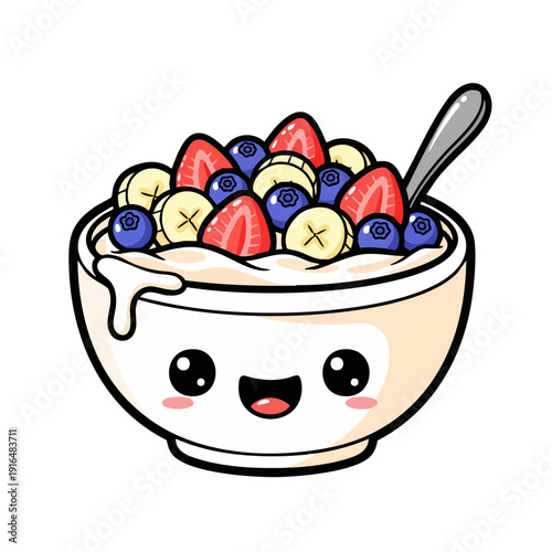 Cute Cartoon Bowl of Oatmeal with Fresh Fruit and Spoon.