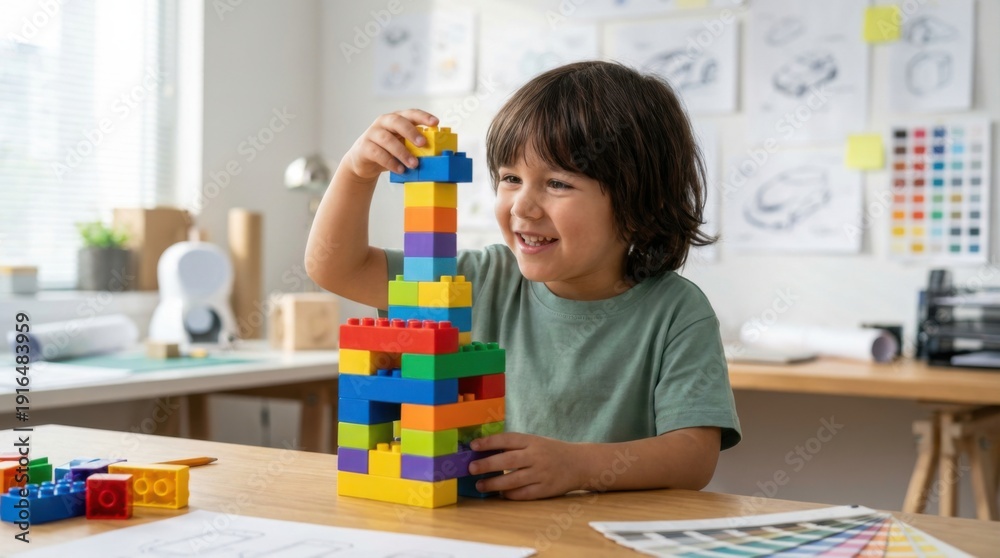 Fototapeta premium creative kid stacking colorful lego pieces at the table
