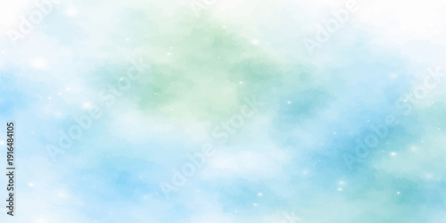 Abstract blue watercolor background with soft bokeh and bright white fluffy clouds in a beautiful sunny summer sky atmosphere