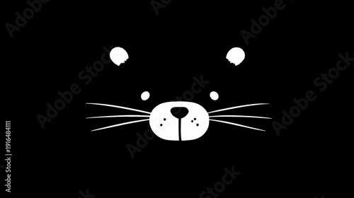 Cute minimalist vector illustration of a black cat face with white whiskers, eyes, and ears on a dark background, simple design