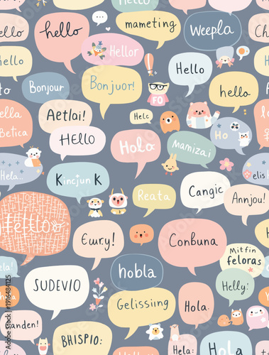 Multilingual Hello Speech Bubbles in Various Colors and Fonts on a Pastel Background