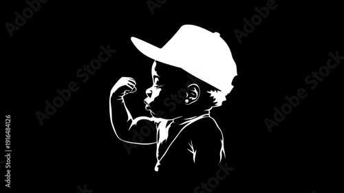 Stylized baby flexing bicep in a baseball cap, showing strength and power. Monochrome vector graphic illustration on black background.