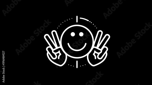 Minimalist happy smiley face with peace sign hands, a positive outline vector icon on a dark background for good vibes and cheer.