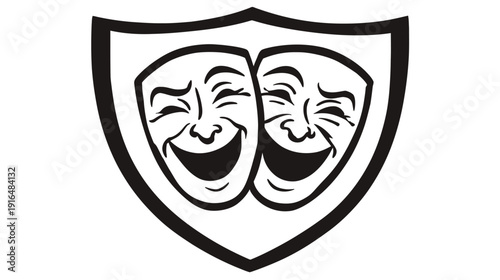 Vector illustration of classic comedy and tragedy theatrical masks within a shield emblem. Drama and performing arts symbol.