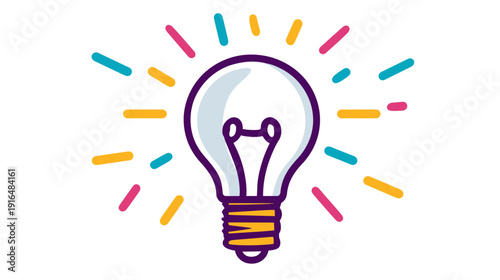 Colorful glowing light bulb illustration symbolizing a brilliant new idea, innovation, creative thinking, inspiration, and solution