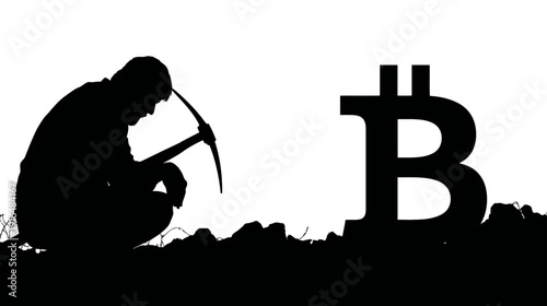 Silhouette of a person digging with a pickaxe next to a Bitcoin symbol, symbolizing cryptocurrency mining and digital currency effort.