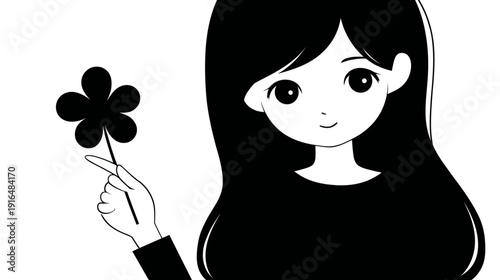 Cute anime-style illustration of a young woman with long black hair holding a whimsical black flower, monochrome drawing.