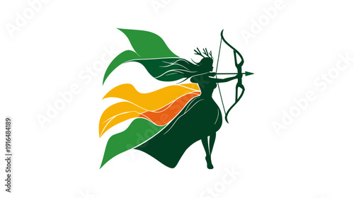 Elegant mythical female archer silhouette illustration with flowing cape and antler crown, aiming a bow and arrow, representing nature and strength.