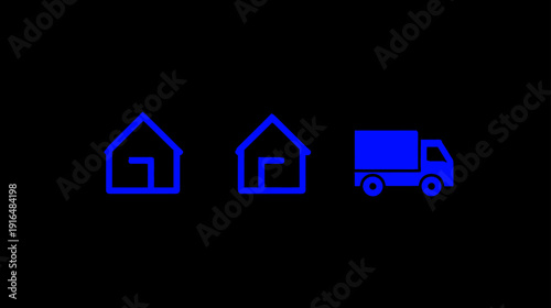 Home moving and relocation concept with blue house and delivery truck icons on a dark background, illustrating property logistics and services.