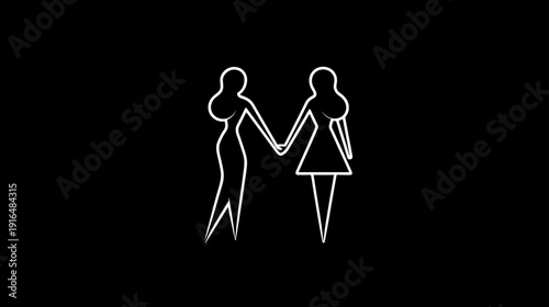 Lesbian couple holding hands, symbolizing love, equality, and connection. Minimalist outline icon on black background, representing LGBTQ+ relationships.