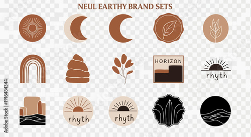 Collection of minimalist earthy brand logos and abstract natural elements in brown and beige tones, perfect for modern branding.