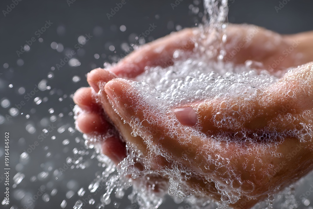 Fototapeta premium Hands lathered with soap under running water for good hygiene.